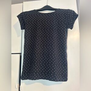Black Short-Sleeve Crewneck Top with White Heart Print